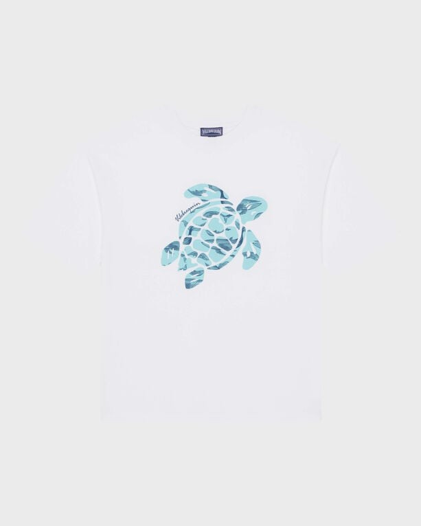White oversized boys' T-shirt featuring a printed turquoise turtle design, made from soft cotton, by Vilebrequin, in size 10.