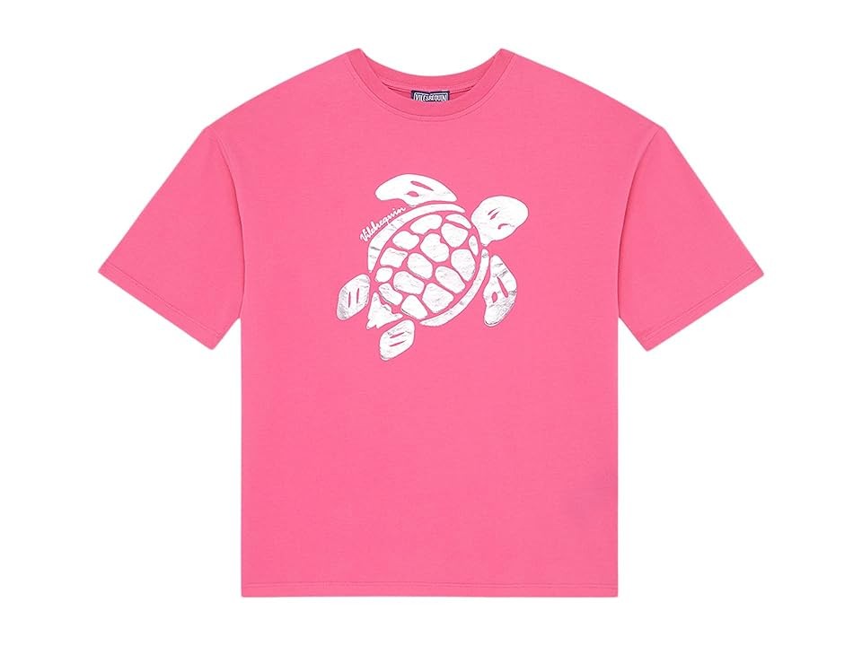 Bright pink oversized boys' T-shirt featuring a white turtle graphic, made from soft cotton material, designed by Vilebrequin, available in size 10.