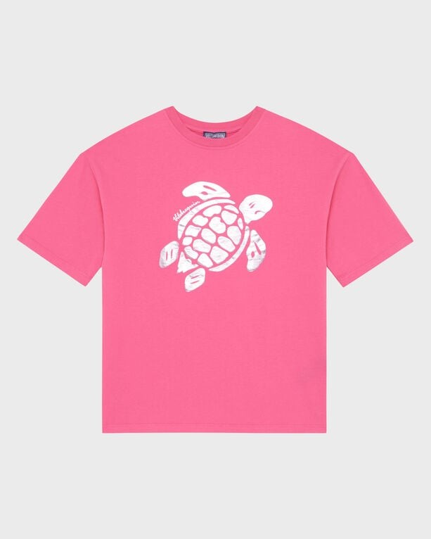Bright pink oversized boys' T-shirt featuring a white turtle graphic on the front, made from soft cotton, size 14 by Vilebrequin.
