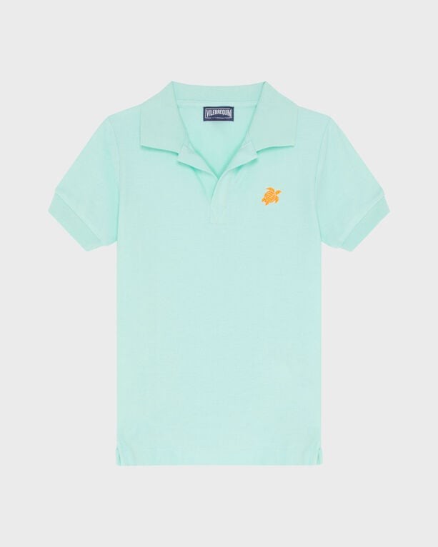 Light green pique cotton polo shirt for boys, featuring an embroidered turtle logo on the chest, short sleeves, and a classic collar, size 10.