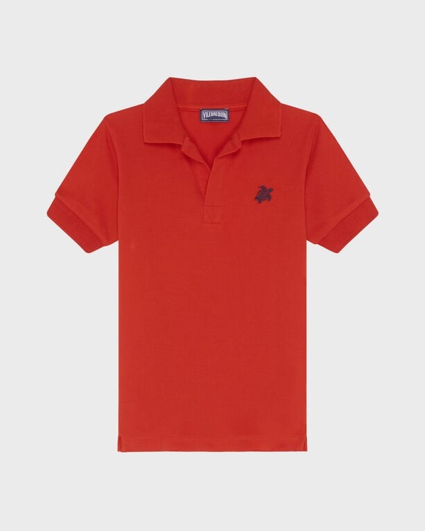 Red pique cotton polo shirt for boys featuring an embroidered turtle logo, short sleeves, and a classic collar, size 12 by Vilebrequin.