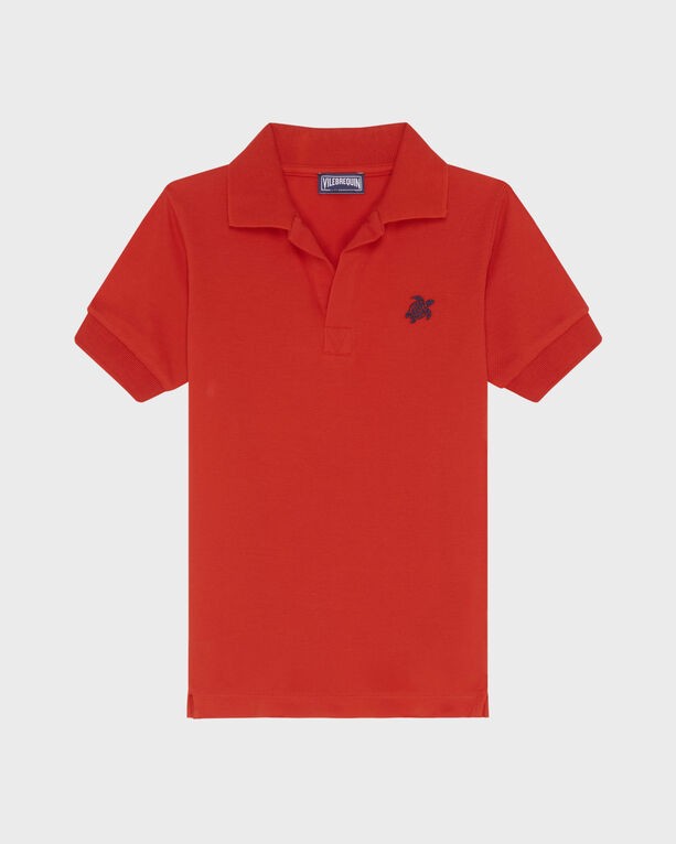 Red pique cotton polo shirt for boys featuring an embroidered turtle logo, short sleeves, and a classic collar, available in size 6 by Vilebrequin.