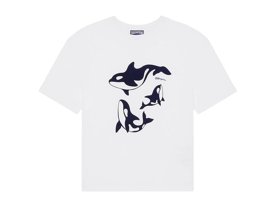 White cotton T-shirt featuring a navy blue orca graphic design, with a relaxed fit, by Vilebrequin, in size 6.