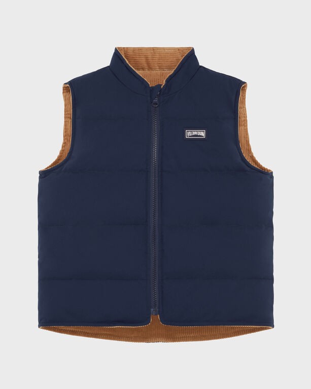 Reversible boys' down jacket by Vilebrequin in solid brown and navy, featuring a zip front, stand-up collar, and quilted design, size 10.