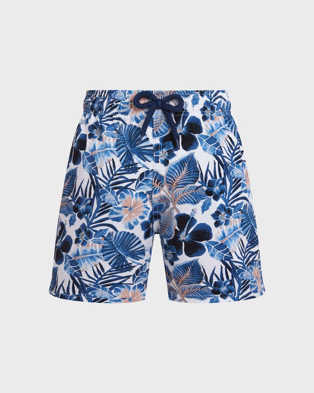 Boys' white swim shorts featuring a vibrant blue and peach floral pattern, made from stretch material with an elastic waistband and drawstring for a comfortable fit.