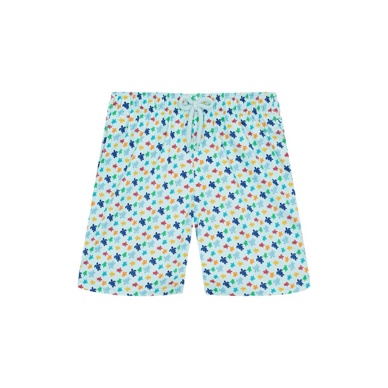Boys' blue stretch swim shorts featuring a colorful turtle print in red, yellow, and green, with an elastic waistband and drawstring, size 4 by Vilebrequin.