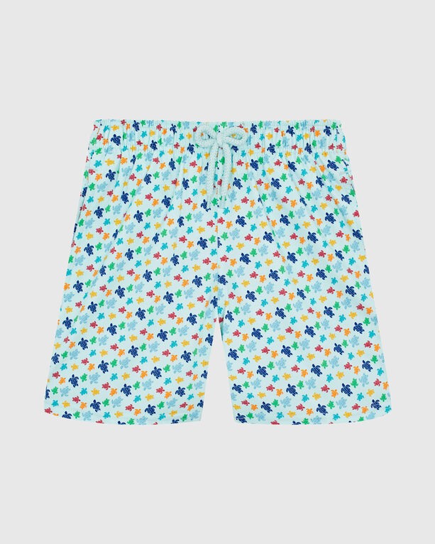 Boys' blue stretch swim shorts featuring a colorful turtle pattern in orange, green, and blue, with an elastic waistband and drawstring, size 8 by Vilebrequin.