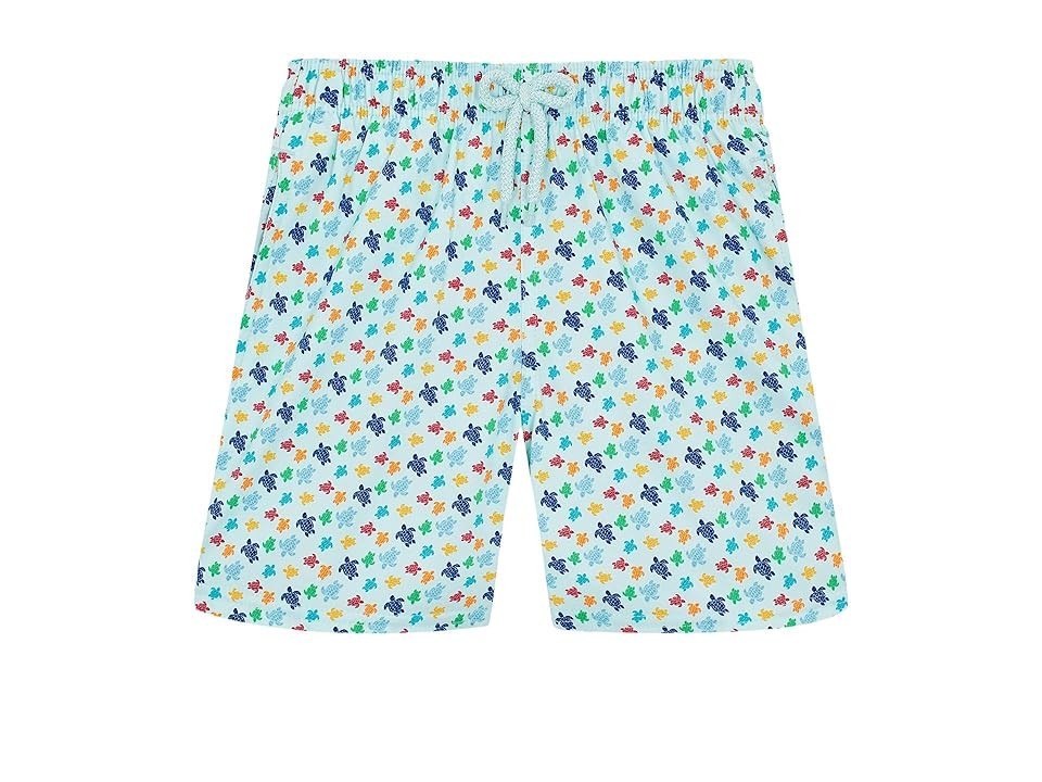 Boys' blue stretch swim shorts featuring a colorful micro turtle print in rainbow hues, with an elastic waistband and drawstring, size 10 by Vilebrequin.