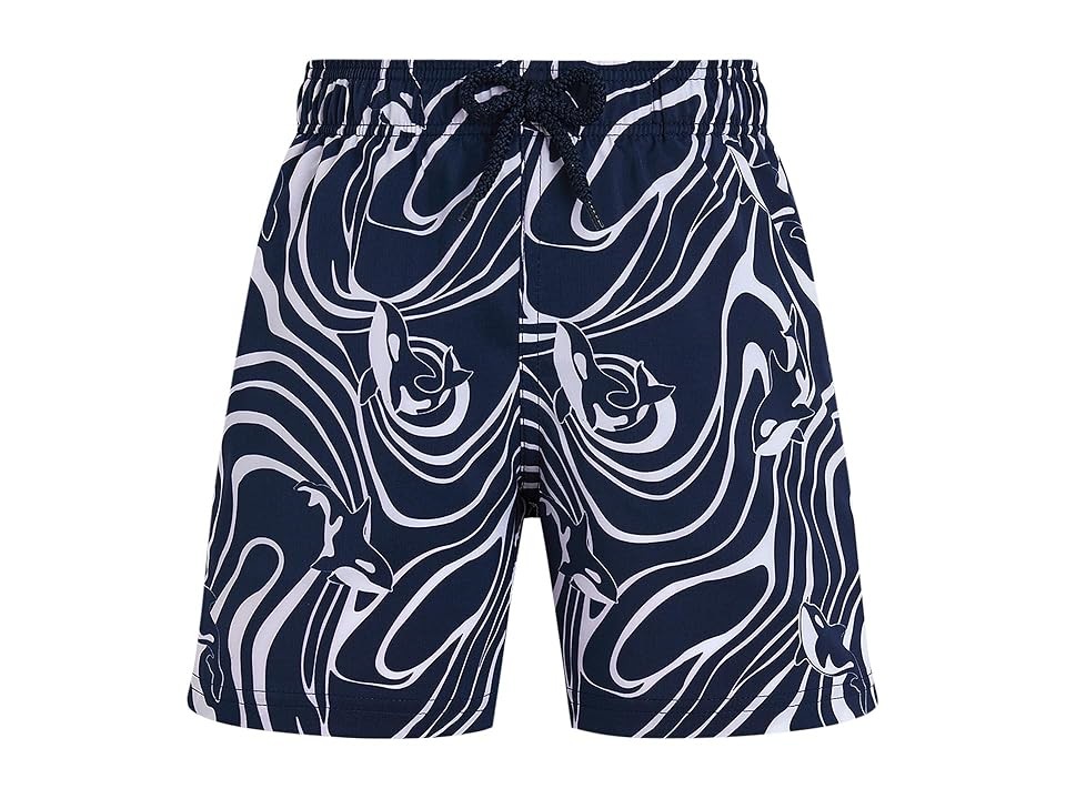 Boys' blue stretch swim shorts featuring a playful orca print, elastic waistband with a drawstring, and lightweight material, perfect for beach or pool activities.