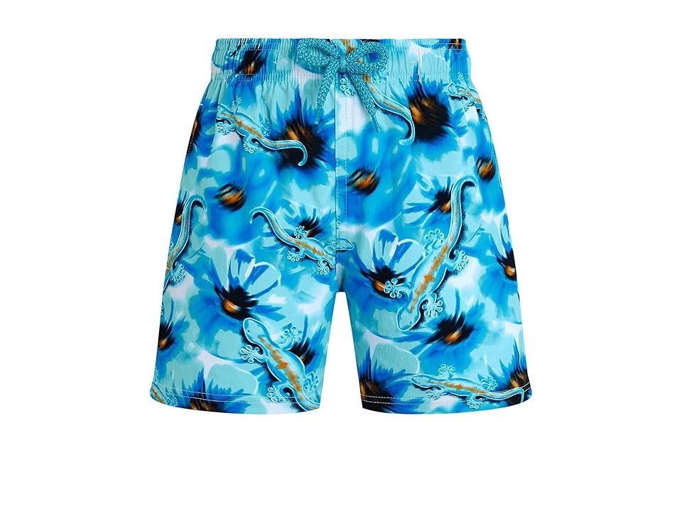Boys' blue stretch swim shorts featuring a vibrant print of poppies and geckos, with an elastic waistband and drawstring for adjustable fit, made from lightweight material.