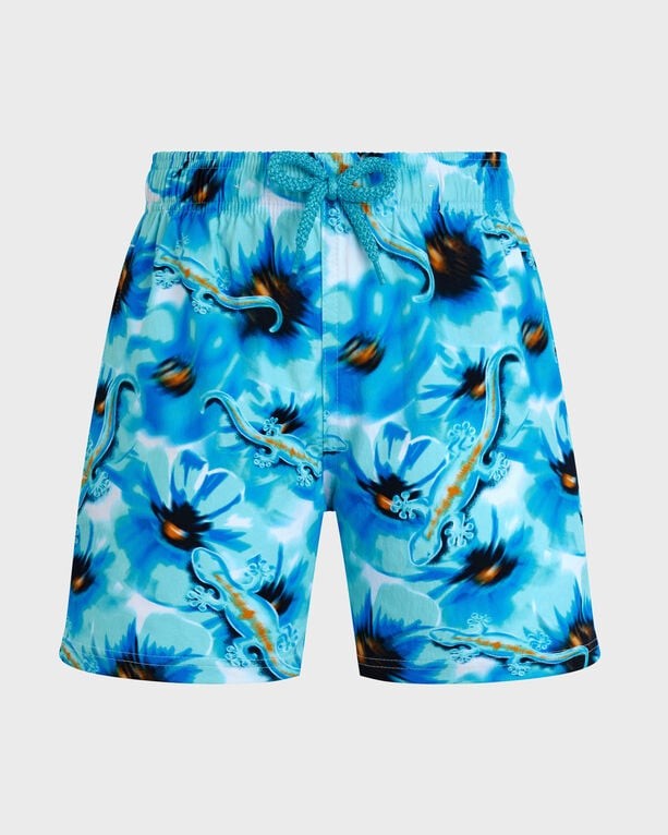 Boys' blue stretch swim shorts featuring a vibrant poppy and gecko print, with an elastic waistband and drawstring for adjustable fit, made from lightweight swimwear material.