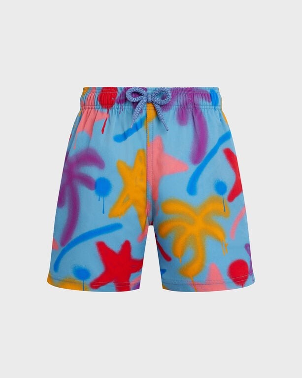 Boys' blue stretch swim shorts featuring a vibrant spray paint design with colorful stars and palm trees, elastic waistband with drawstring, and lightweight material.
