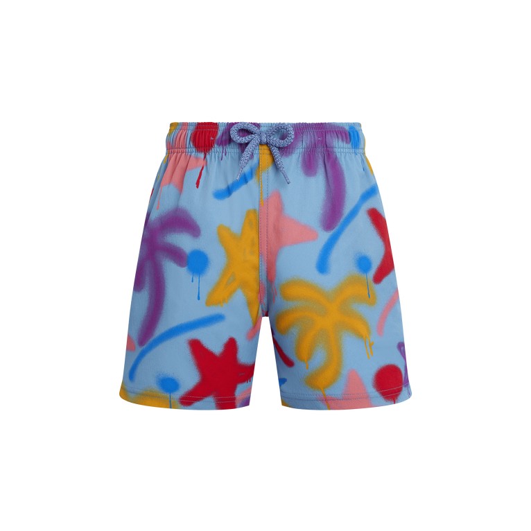 Boys' blue stretch swim shorts featuring a vibrant spray paint design with red, yellow, and purple accents, and a drawstring waistband, size 2.