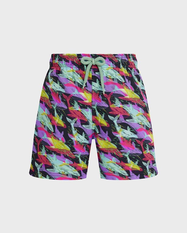 Boys' blue stretch swim shorts featuring a vibrant whale pattern in pink, green, and yellow, with an elastic waistband and drawstring. Size 8 by Vilebrequin.