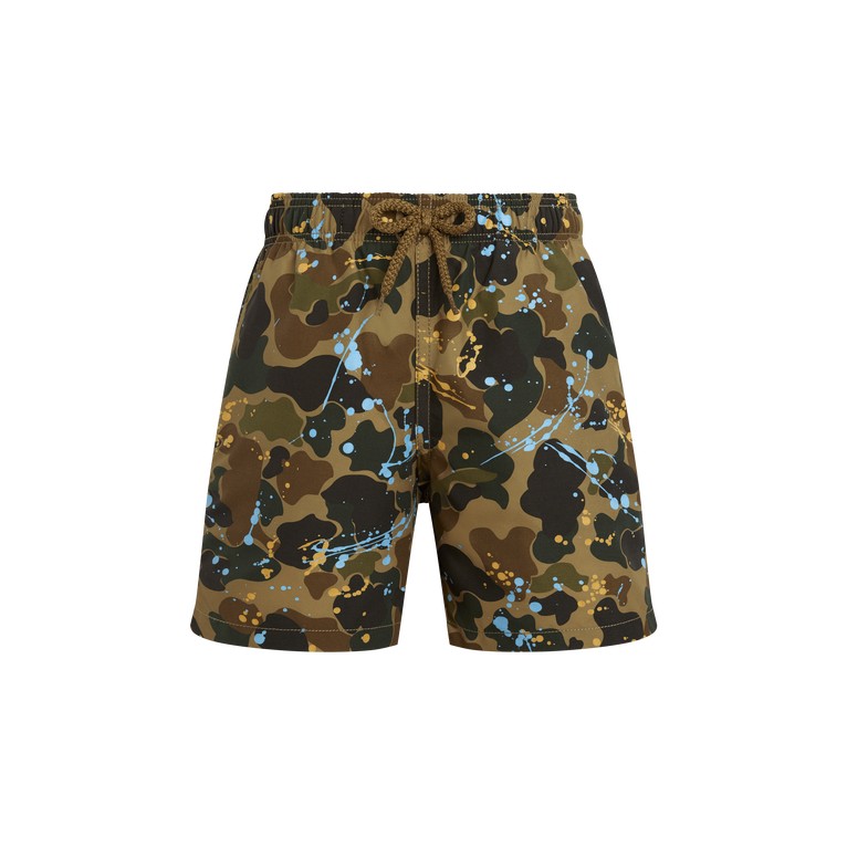Boys' Vilebrequin swim shorts in brown camo with blue and yellow splashes, featuring an elastic waistband with a drawstring, made from lightweight swimwear material, size 2.