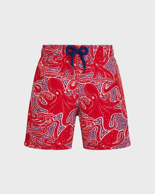 Red swim shorts featuring a vibrant Hypnoctopus print, with a drawstring waist and a lightweight material, ideal for boys, size 12.