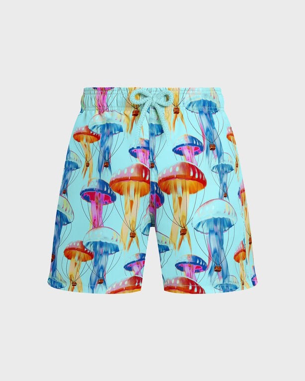 Blue swim shorts featuring a vibrant jellyfish print in orange, pink, and purple, with an elastic waistband and drawstring, designed for boys in size 12.