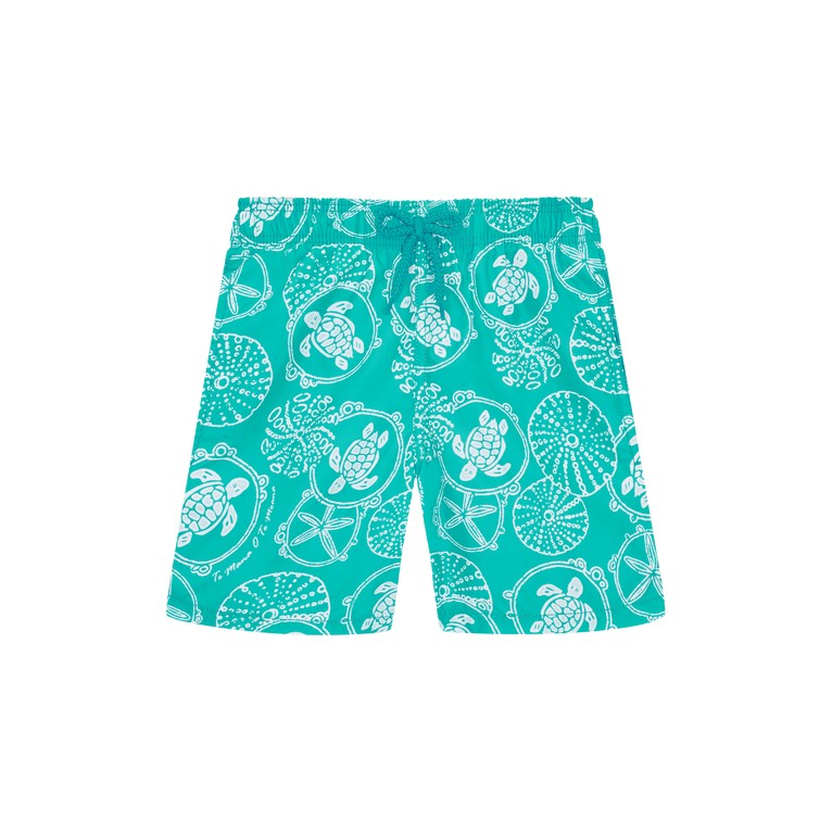 Boys' swim shorts in vibrant green featuring a white turtle and shell pattern, made from lightweight material with an elastic waistband and drawstring, size 2.