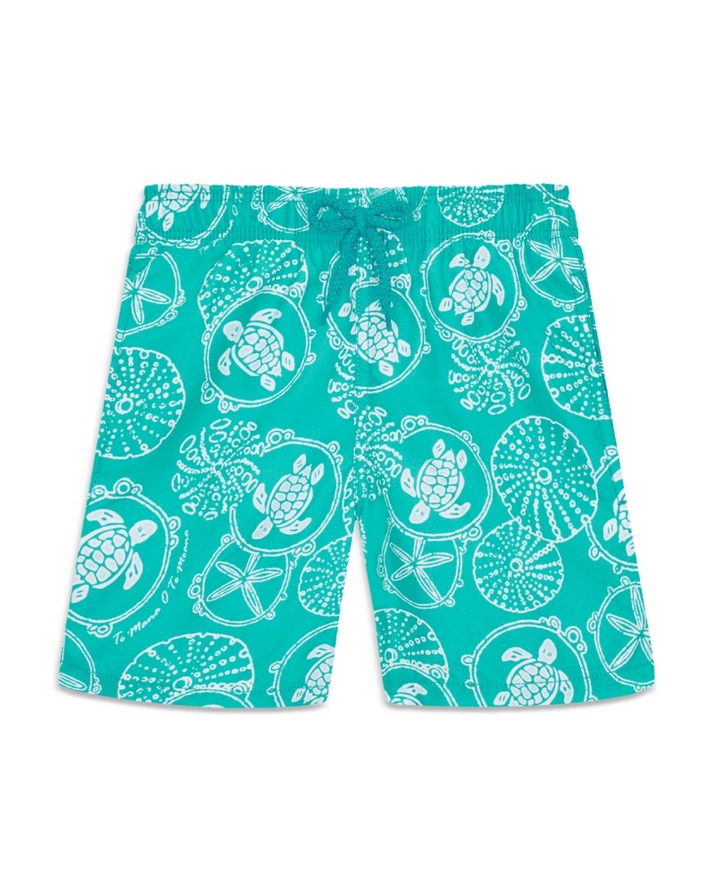 Boys' swim shorts in vibrant green with a white turtle and seashell pattern, featuring an elastic waistband with a drawstring, made from lightweight swimwear material, size 10.