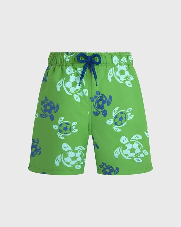 Green boys' swim shorts featuring a playful soccer turtle print, made of lightweight material, with an elastic waistband and blue drawstring, sized 4.