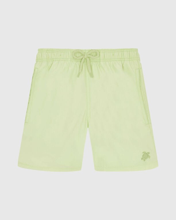 Boys' solid green swim shorts by Vilebrequin, featuring an elastic waistband with drawstring, side pockets, and a turtle logo on the lower left leg. Size 4.