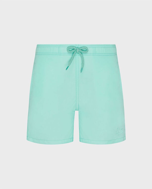 Boys' solid green swim shorts by Vilebrequin, featuring an elastic waistband with a drawstring and a small logo on the lower left side, made from lightweight material.