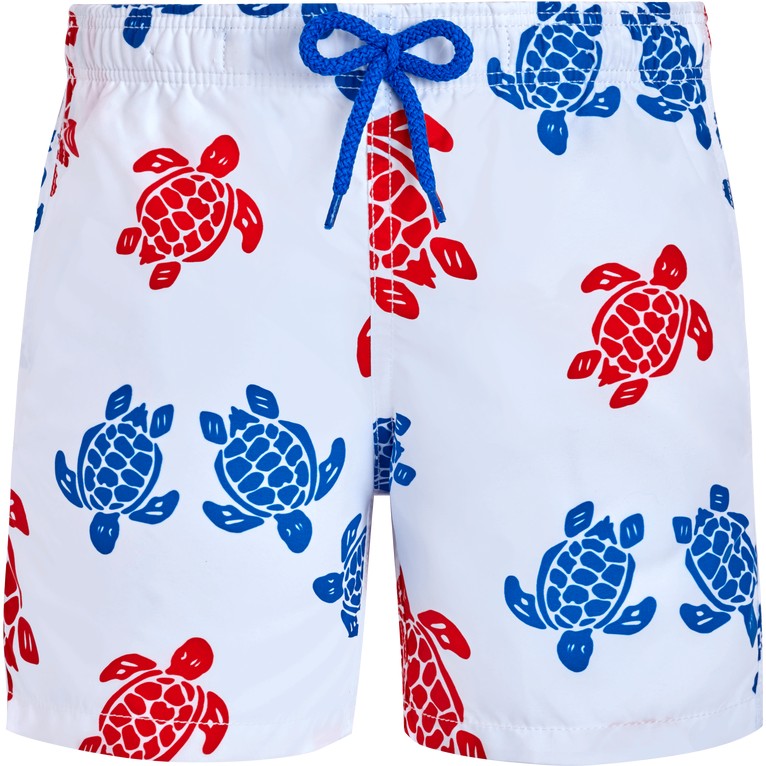 White swim trunks featuring colorful red and blue turtle patterns, with a blue drawstring and a lightweight, quick-drying material, designed for little and big kids.