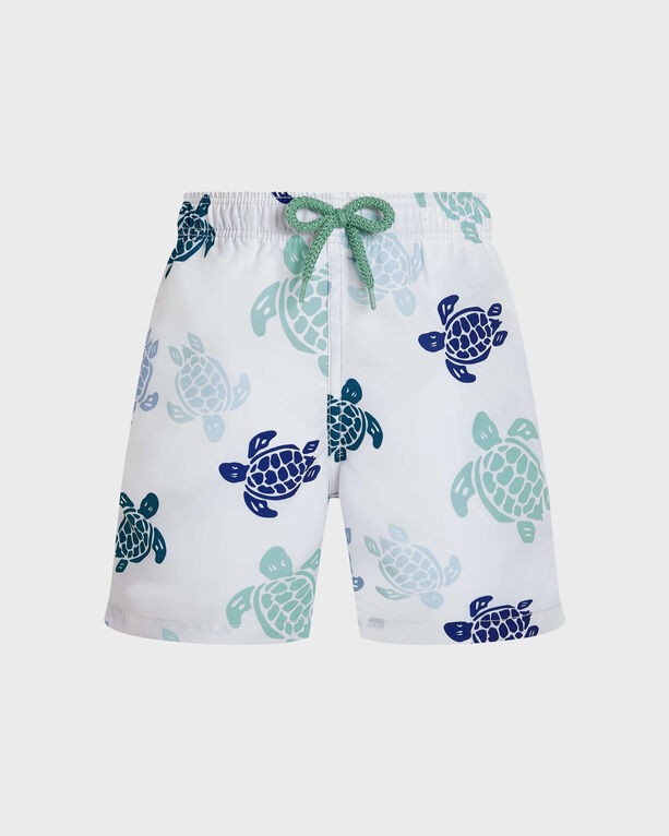 Boys' swim shorts in white featuring a colorful turtle print in blue and green, with an elastic waistband and drawstring for a comfortable fit, size 4.
