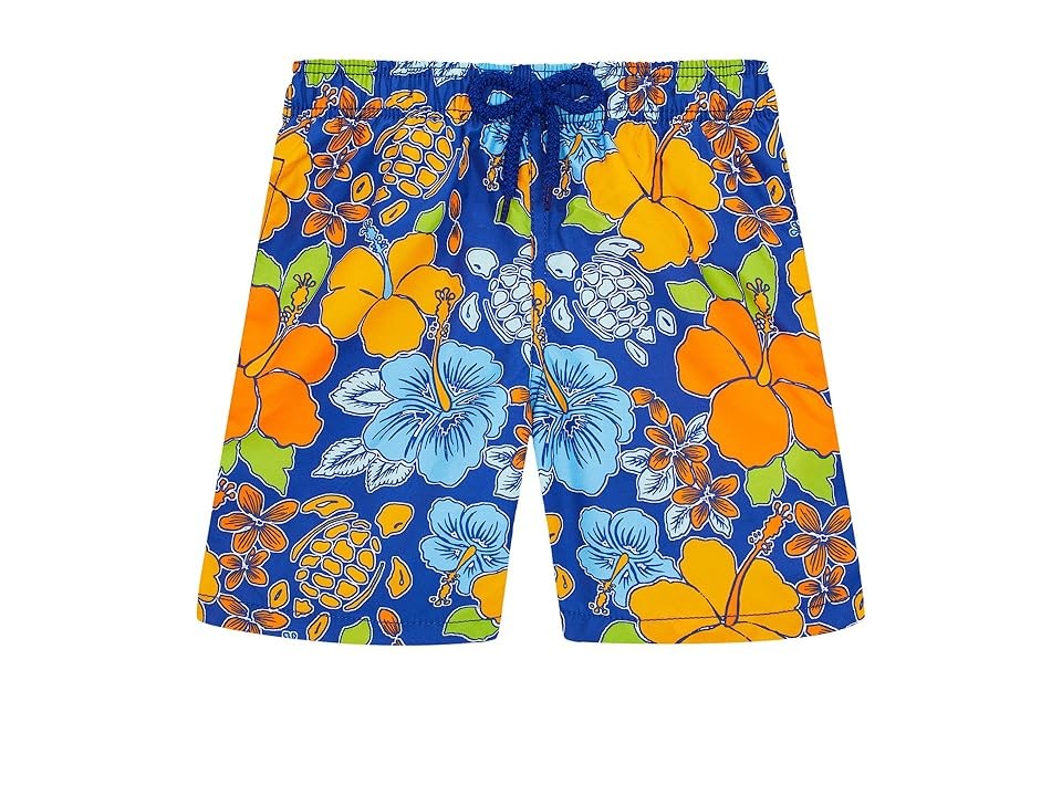 Boys' blue swim shorts featuring a vibrant tropical print with orange and yellow flowers, green leaves, and turtles, made from lightweight material with an adjustable drawstring waist.