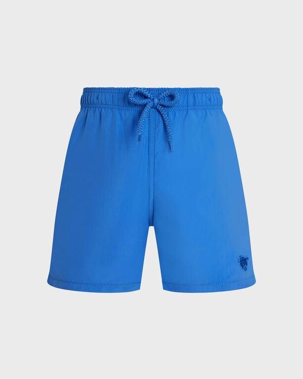 Bright blue boys' swim shorts featuring a water-reactive design with 3D bubble turtles, elastic waistband with drawstring, and Vilebrequin logo on the side, size 2.