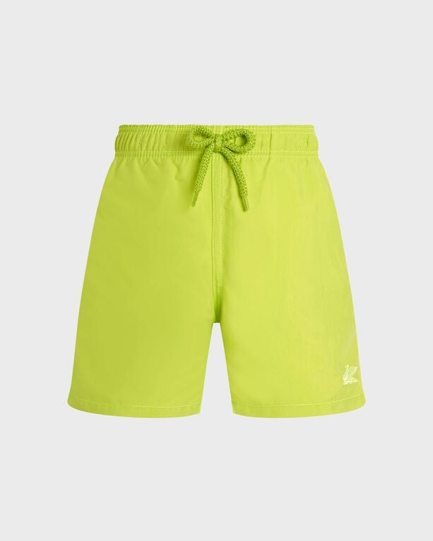 Bright green boys' swim shorts featuring a water-reactive design with an octopus motif, elastic waistband with drawstring, and a small logo on the lower hem. Size 12.