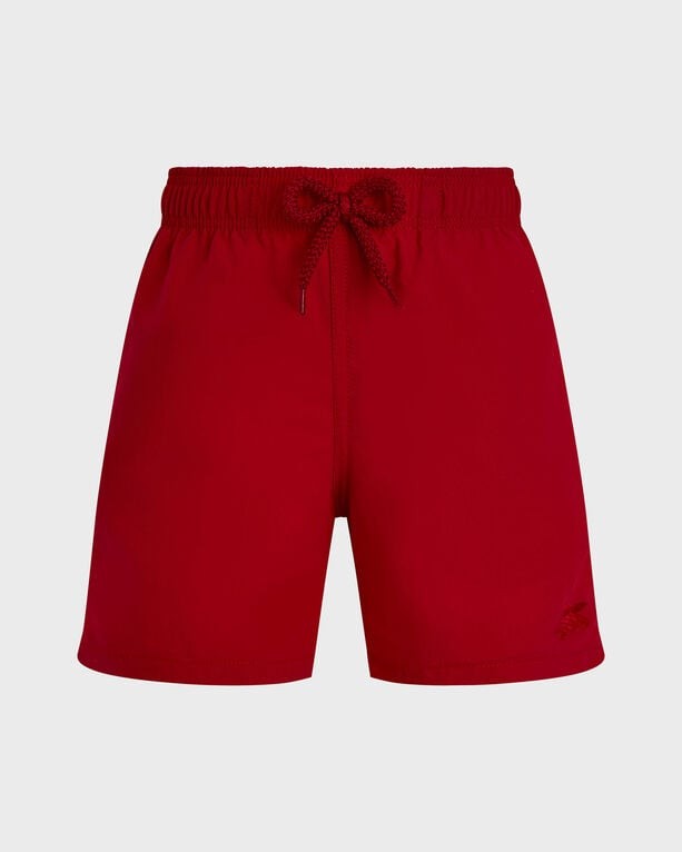Bright red boys' swim shorts by Vilebrequin, featuring a comfortable elastic waistband with a drawstring, made from water-reactive material, size 4, ideal for beachwear.