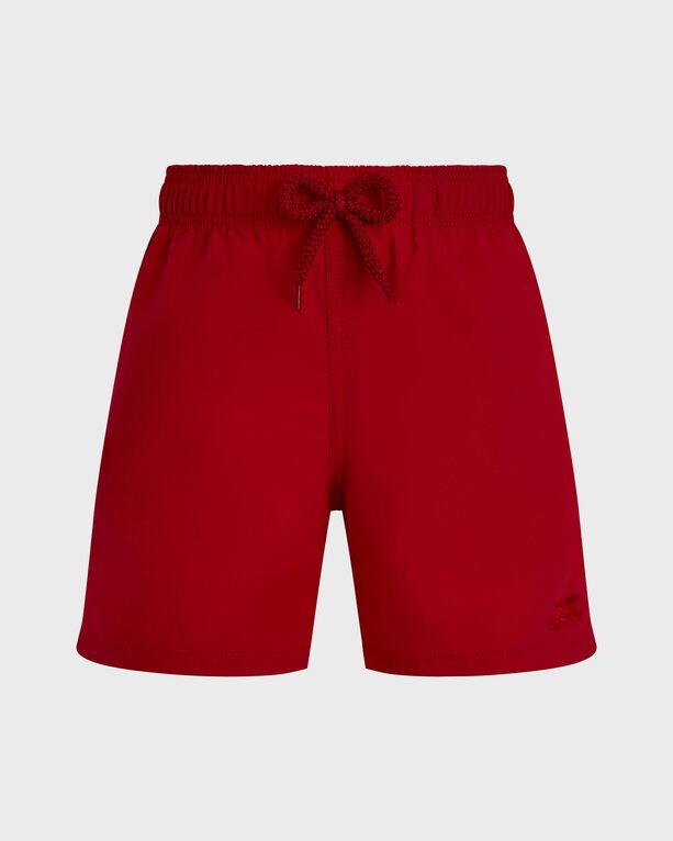 Red boys' swim shorts by Vilebrequin, featuring a water-reactive design, elastic waistband with drawstring, and a logo detail on the hem, size 12.