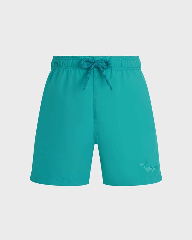 Boys' swim shorts in vibrant turquoise with water-reactive whale print, featuring an elastic waistband and drawstring, made from lightweight, quick-drying material, size 4.