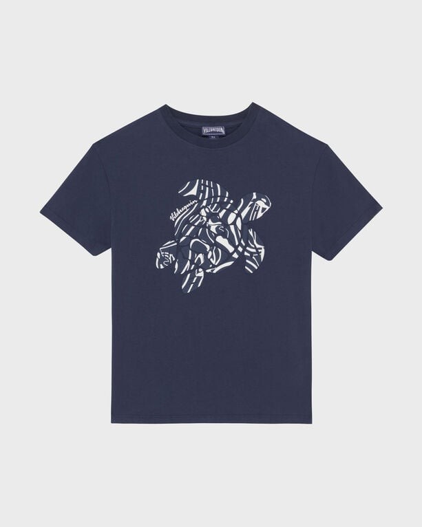 Blue cotton boys' T-shirt featuring a white printed design of turtles and orcas on the front, with a classic crew neck and short sleeves, size 4 by Vilebrequin.