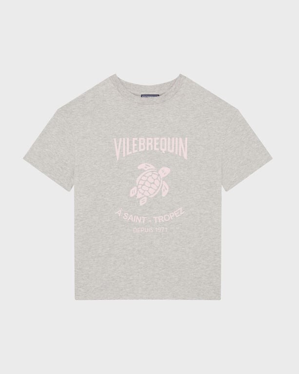 Grey cotton boys' T-shirt featuring a pink rubber logo of a turtle and the text "VILEBREQUIN A SAINT-TROPEZ DEPUIS 1971," size 6.