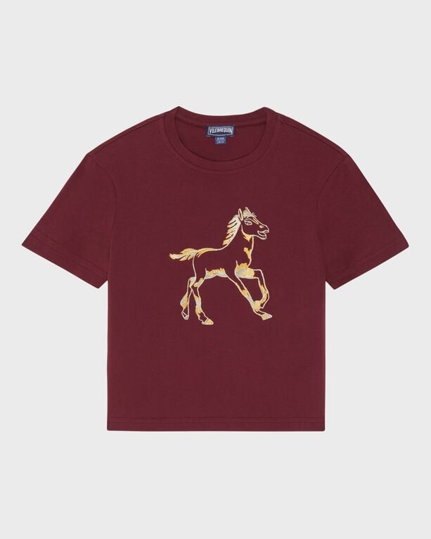 Red cotton T-shirt featuring a gold silhouette of a galloping horse, designed for boys, with a relaxed fit and short sleeves, size 6 by Vilebrequin.