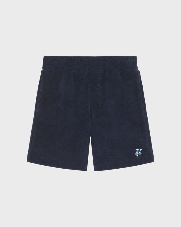 Navy blue terry Bermuda shorts for boys featuring an embroidered turtle design, with an elastic waistband and a relaxed fit, size 4.