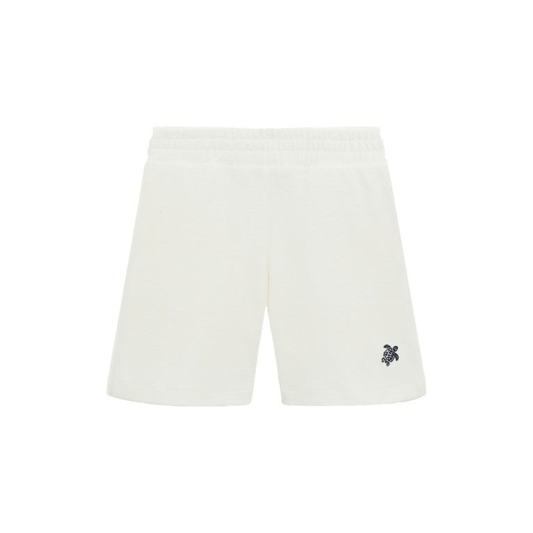 White terry Bermuda shorts for boys, featuring an embroidered turtle design on the left leg, with an elastic waistband, available in size 6 by Vilebrequin.