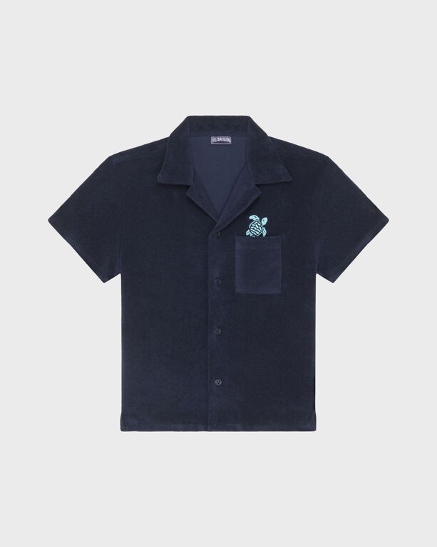 Blue terry cloth short-sleeve bowling shirt for boys, featuring an embroidered turtle on the chest pocket, with a classic collar and button-down front, size 12.