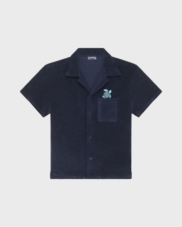 Blue terry cloth short-sleeve bowling shirt featuring an embroidered turtle on the chest pocket, designed for boys, size 8, by Vilebrequin.