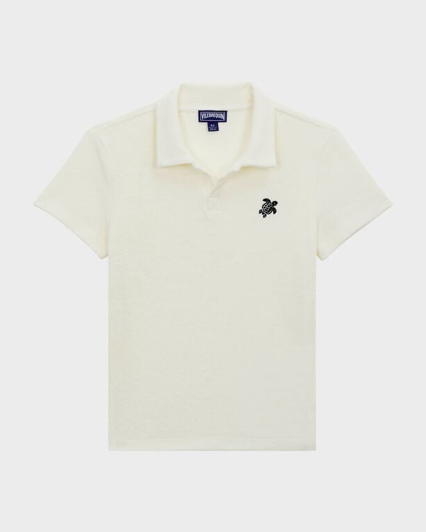 White terry polo shirt for boys by Vilebrequin, featuring an embroidered turtle design, short sleeves, and a classic collar, available in size 4.