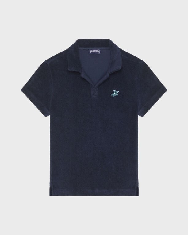Navy blue terry polo shirt for boys by Vilebrequin, featuring an embroidered turtle logo on the chest, short sleeves, and a classic collar, available in size 12.