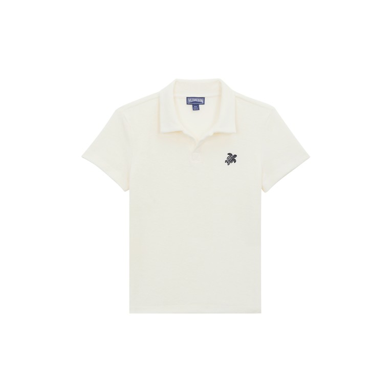 Boys' white terry polo shirt by Vilebrequin featuring an embroidered turtle design, short sleeves, and a classic collar, available in size 2.
