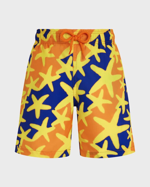 Boys' ultra-light, packable swim shorts in vibrant orange with a starfish pattern in yellow and blue, featuring an elastic waistband and adjustable drawstring, size 4.