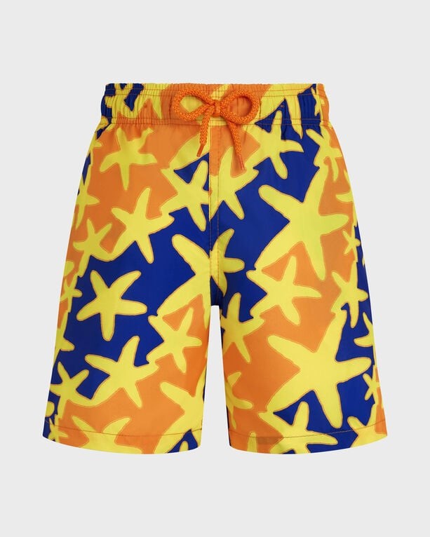 Boys' ultra-light packable swim shorts in vibrant orange with a starfish pattern in yellow and blue, featuring an elastic waistband and adjustable drawstring, size 12.