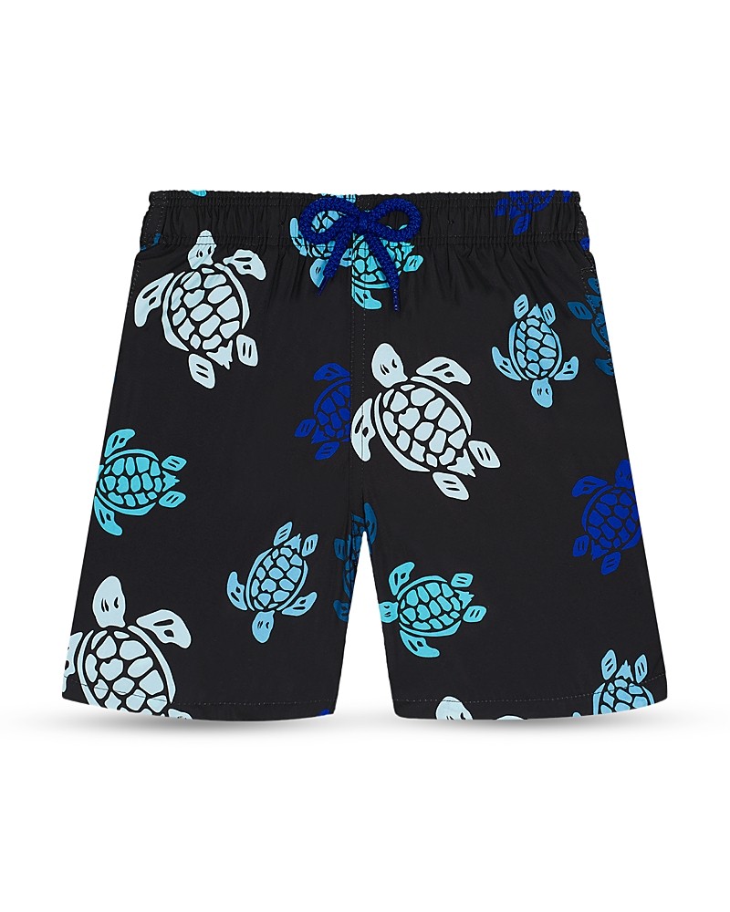 Black swim trunks featuring a vibrant turtle print in shades of blue, with an elastic waistband and drawstring for adjustable fit, made from quick-drying material.