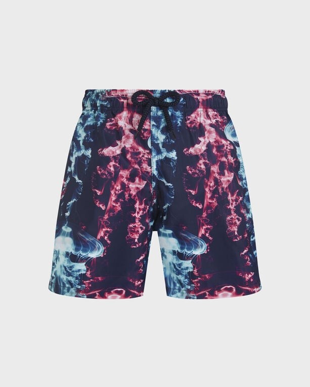 Boys' ultra-light blue swim shorts featuring a vibrant X-ray Medusa print in pink and blue, with an elastic waistband and adjustable drawstring, size 10.