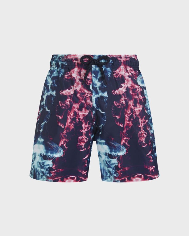 Boys' ultra-light and packable swim shorts in blue featuring an X-ray Medusa print, elastic waistband with drawstring, and a vibrant, colorful design. Size 6.
