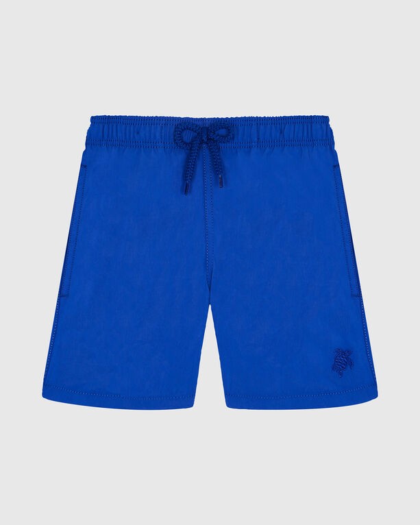 Bright blue water-reactive swim shorts featuring an elastic waistband with drawstring, side pockets, and a turtle logo, designed for boys in size 8 by Vilebrequin.